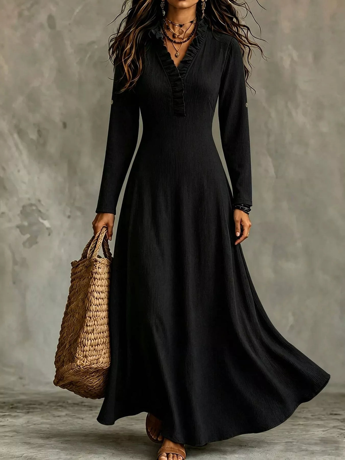 full size frill v-neck long sleeve maxi dress plus | dropsona - neutral - packaging