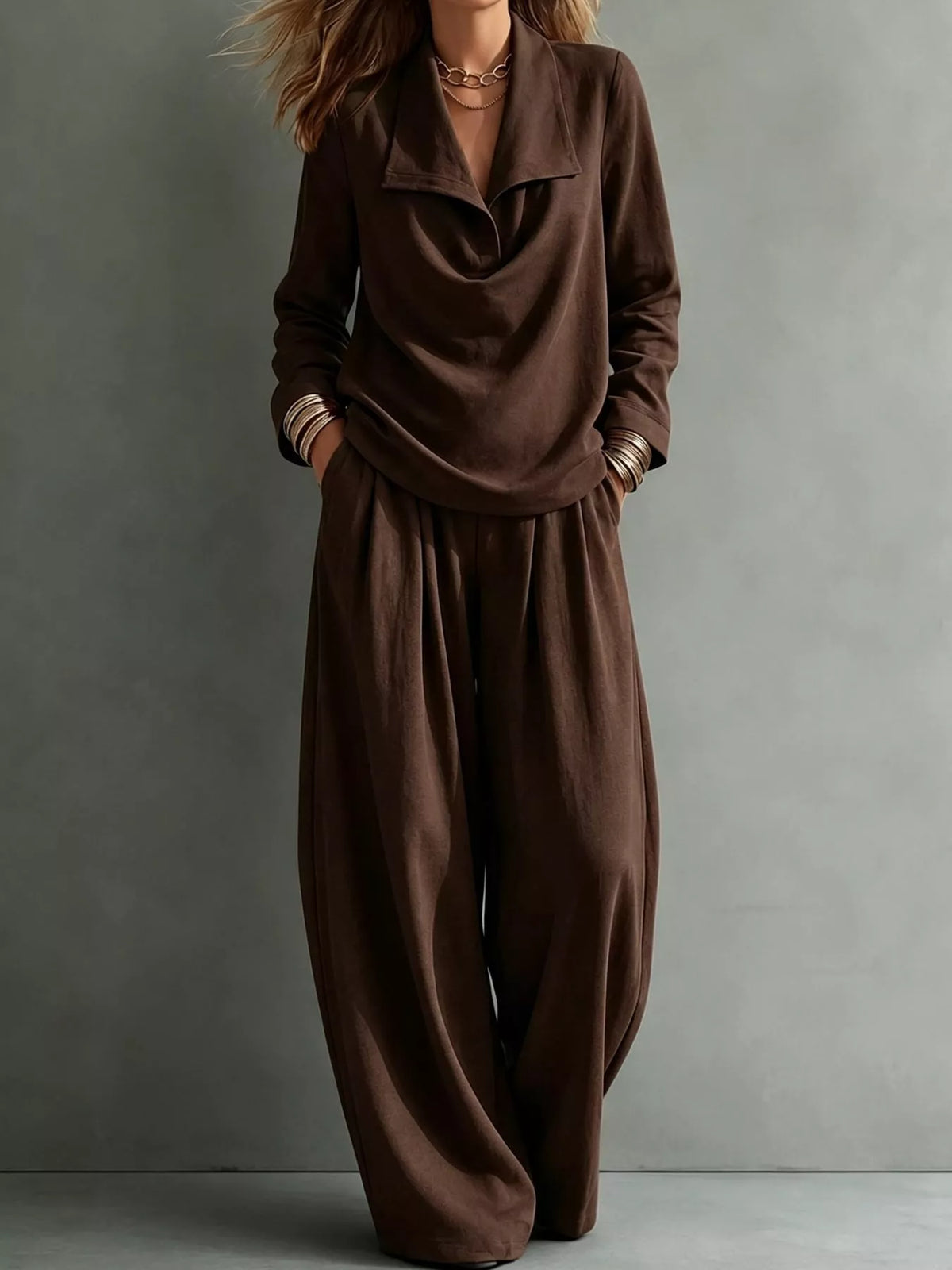 full size casual elegant top and wide-leg pants set | dropsona - neutral - size reference