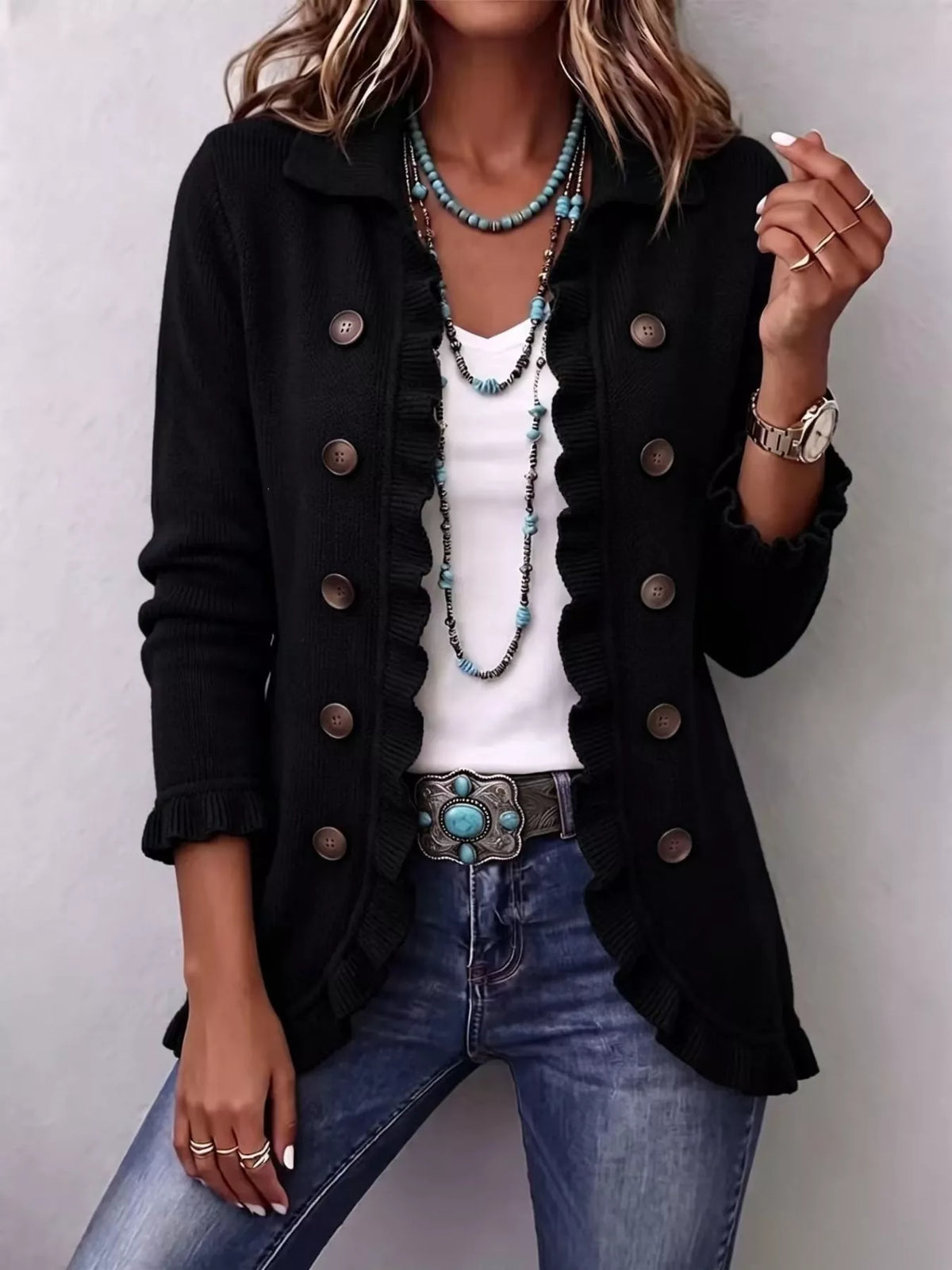 full size ruffled trim decorative button cardigan | dropsona - neutral - size reference