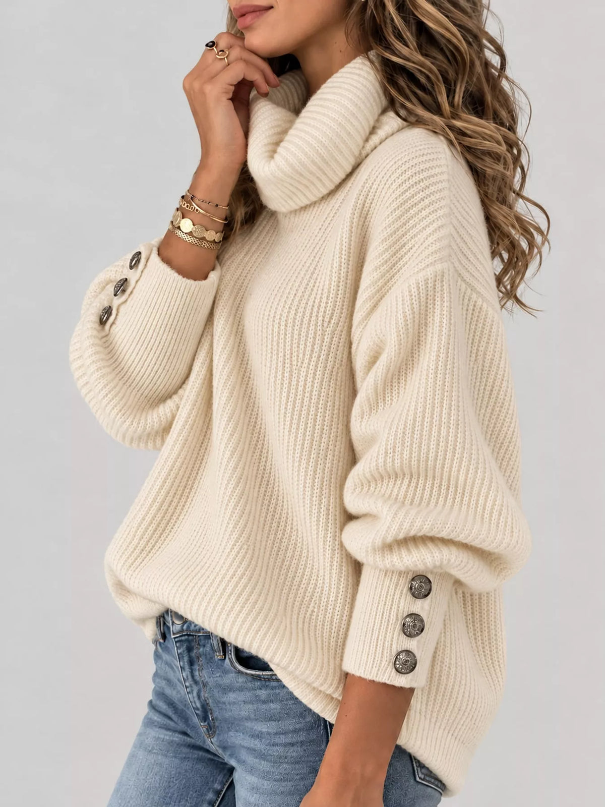 turtleneck decorative button cuffs sweater | dropsona - neutral - usage example