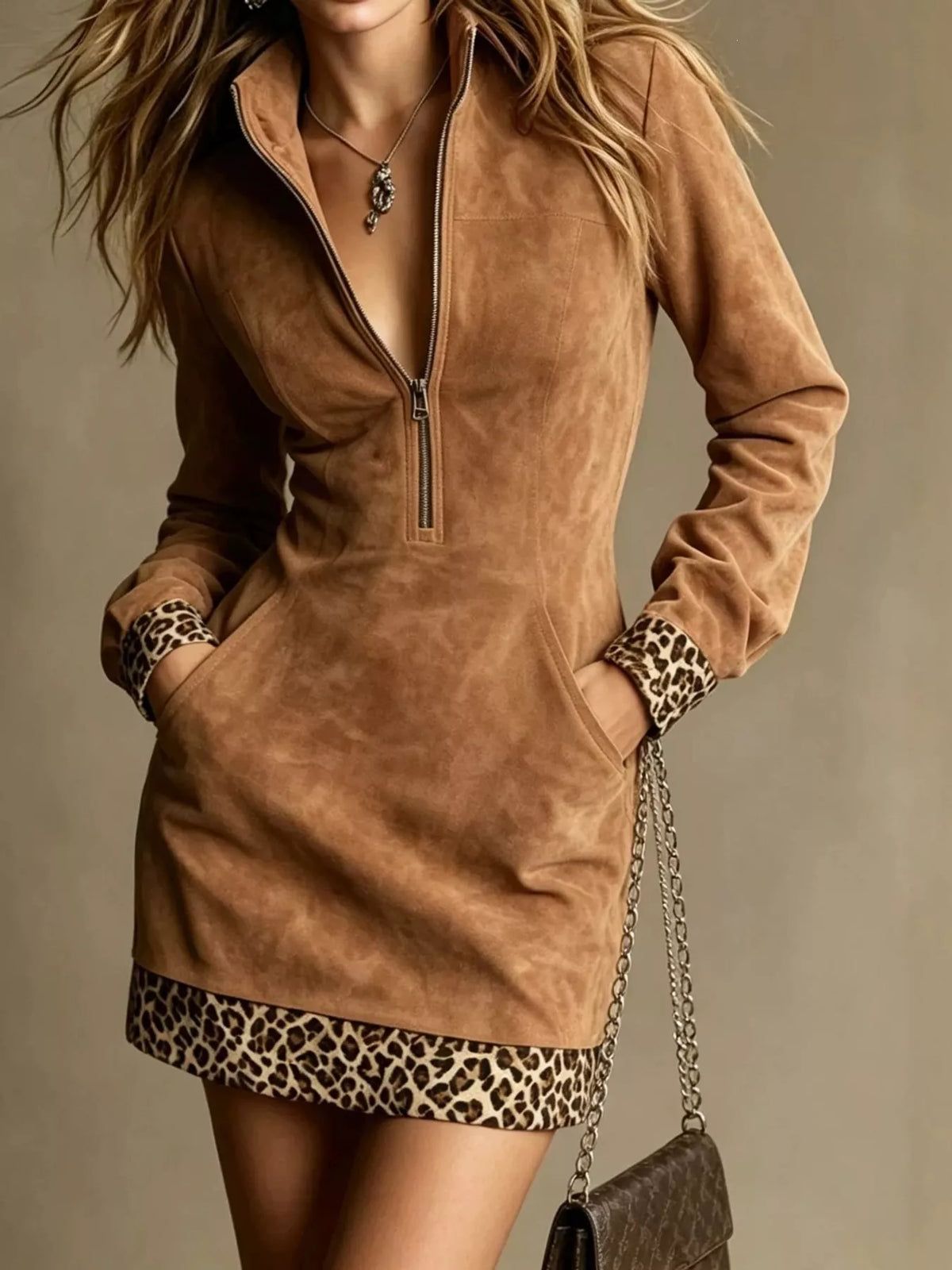 leopard half zip mini dress | dropsona polyester ≥95% - neutral - everyday use
