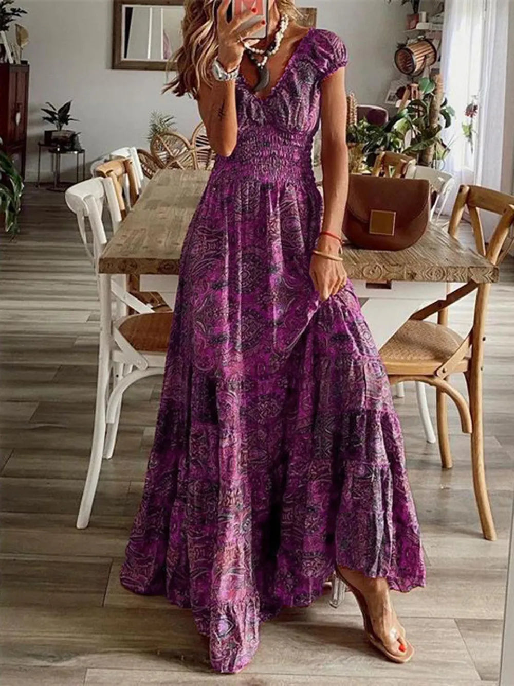 full size smocked printed v-neck short sleeve dress - front view