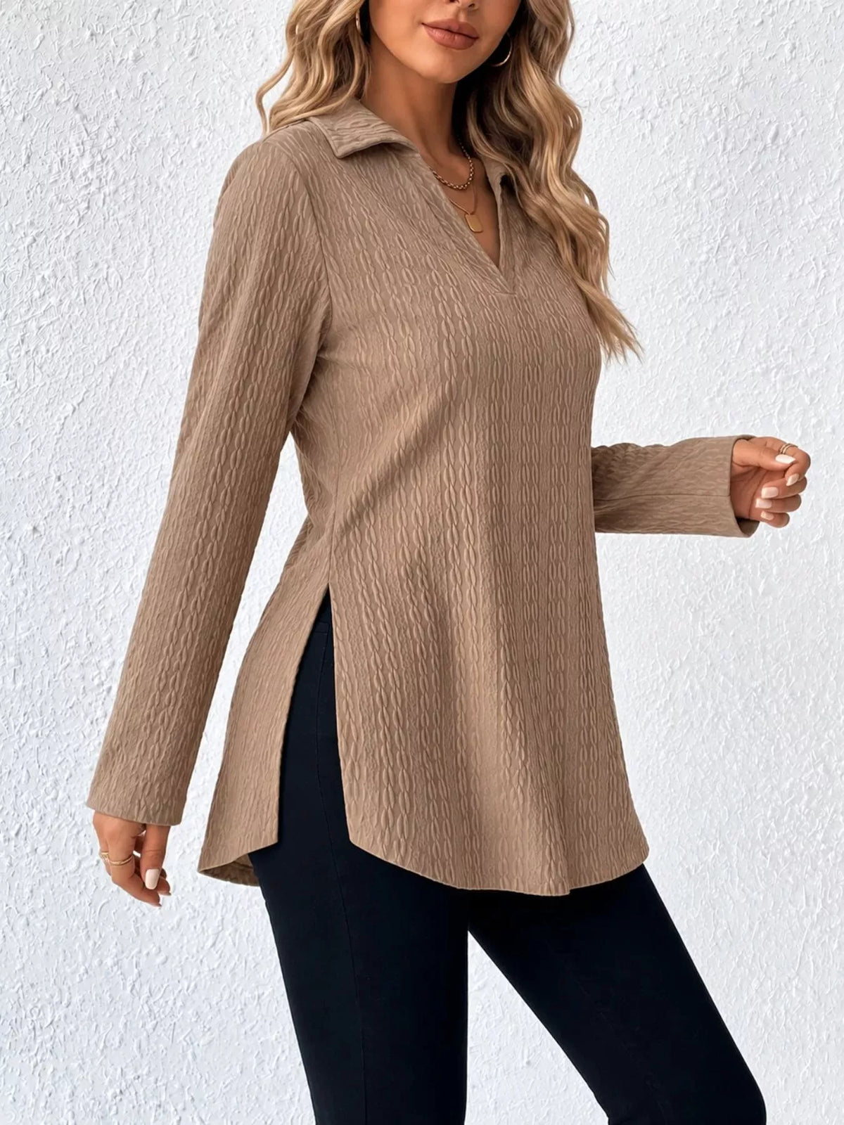 textured v-neck long sleeve top with side slit | dropsona - neutral - close-up detail