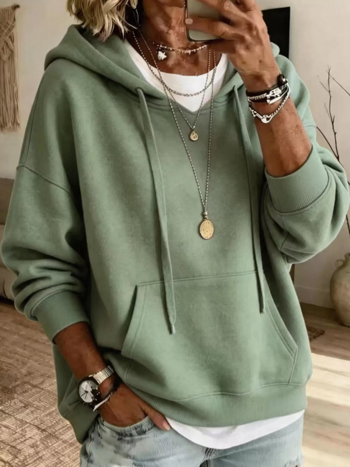 drawstring dropped shoulder hoodie | dropsona - neutral - size reference