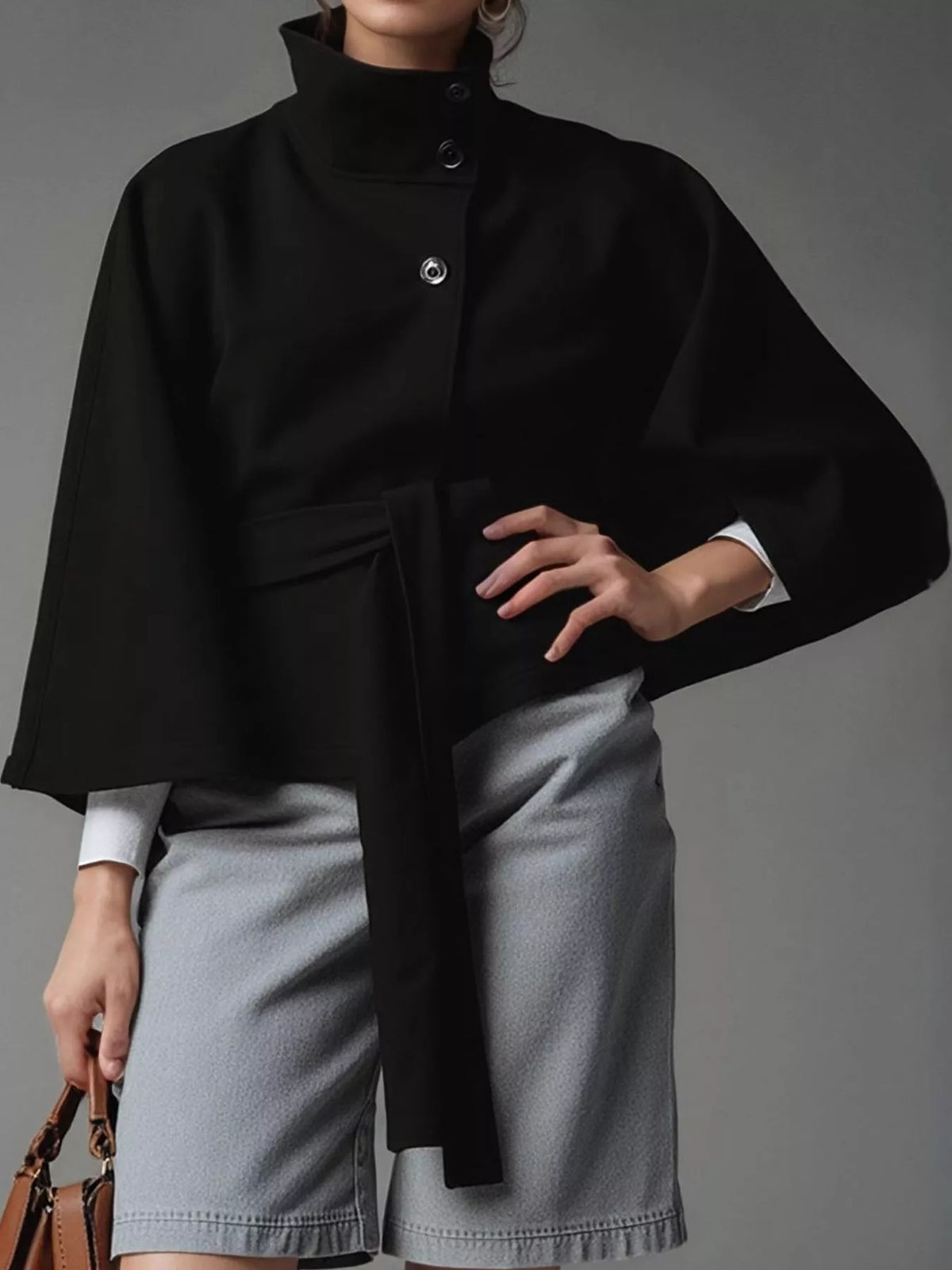 belt button detail outerwear | dropsona polyester 95% - neutral - front view