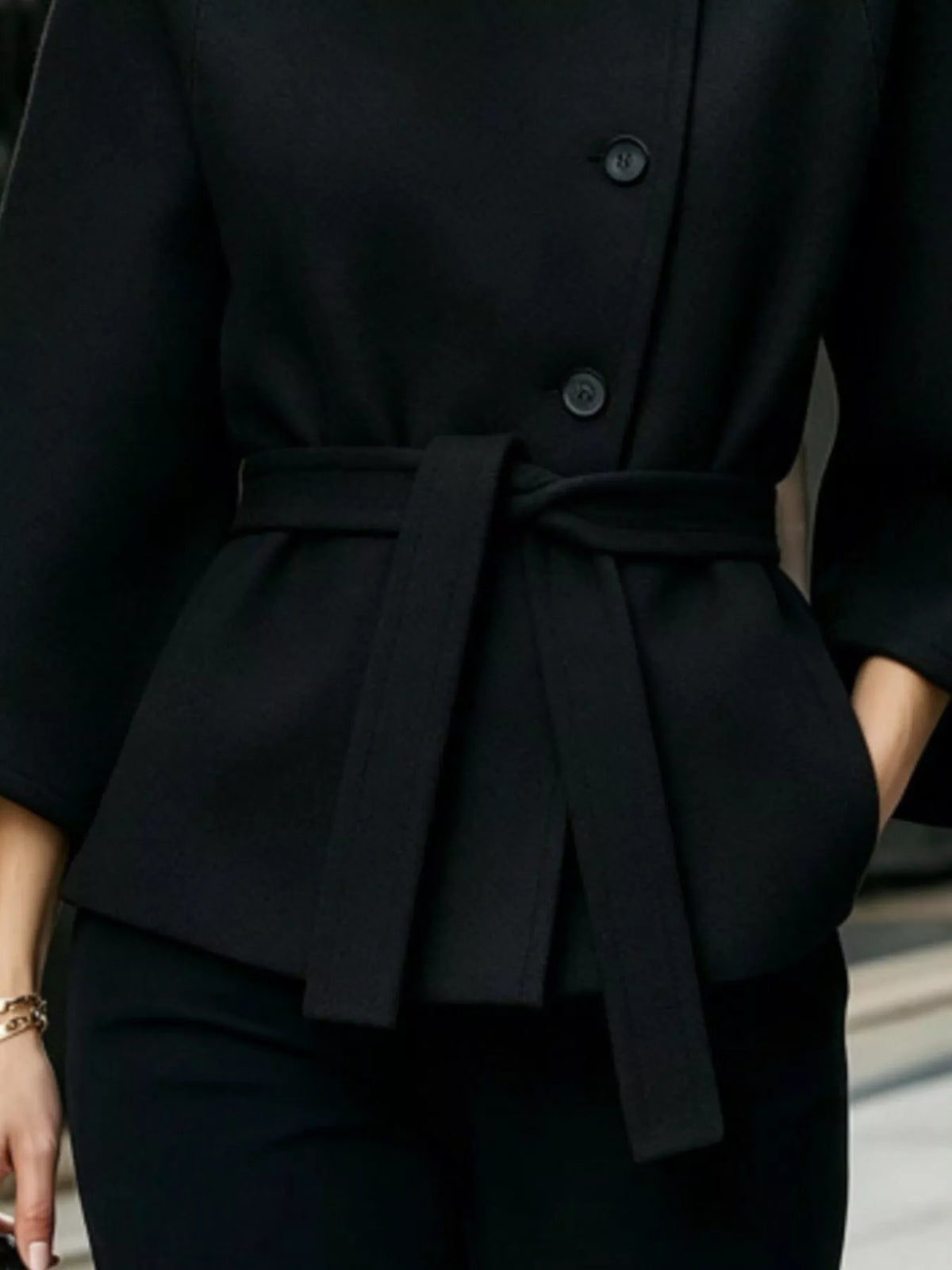 button down cape coat with belted waist | dropsona - neutral - close-up detail