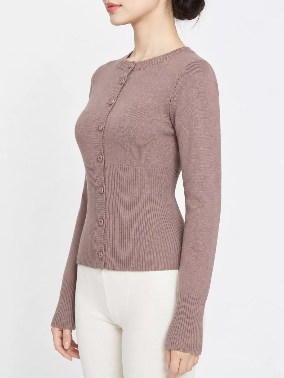slim-fit ribbed knit button-down cardigan | dropsona - neutral - usage example