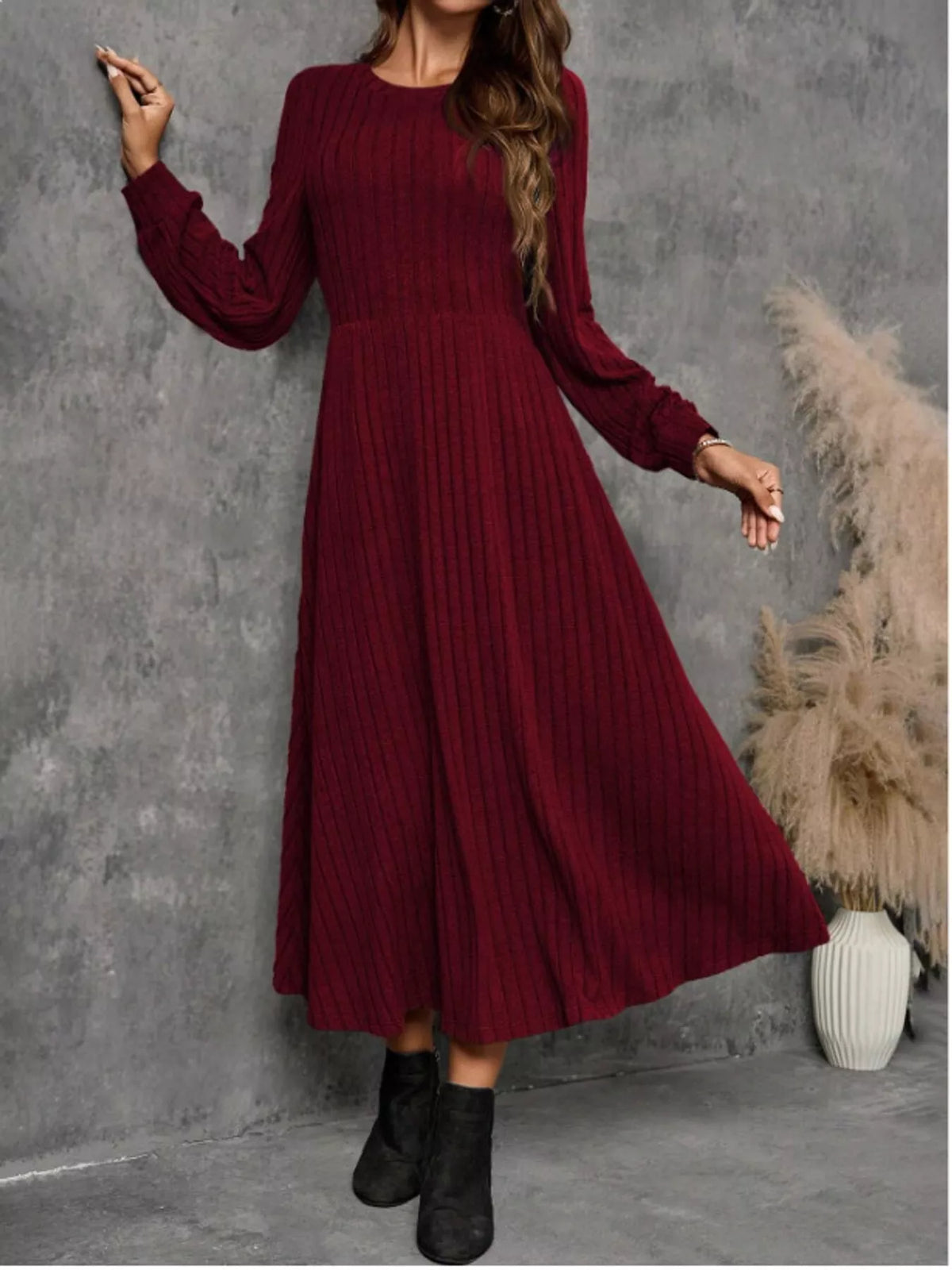 ribbed knit long sleeve a-line midi dress – | dropsona - neutral - size reference