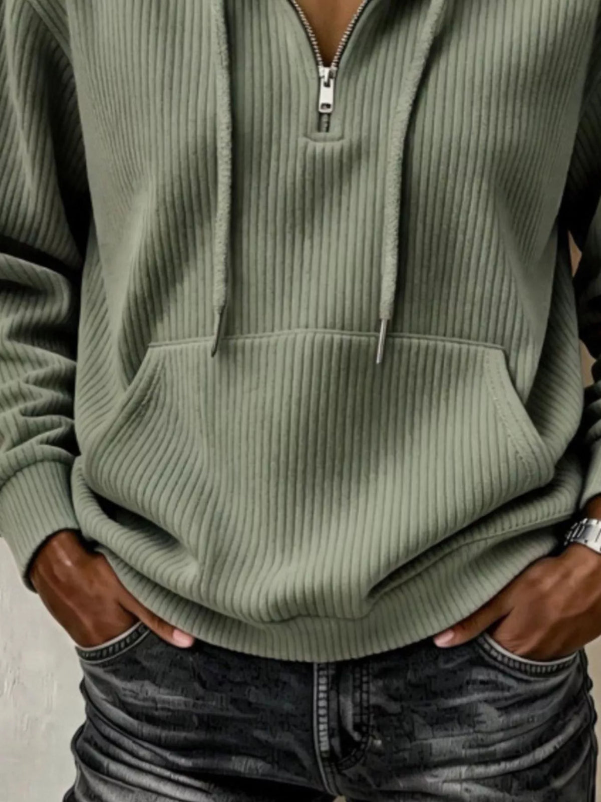 ribbed knit quarter-zip hoodie | dropsona - neutral - usage example