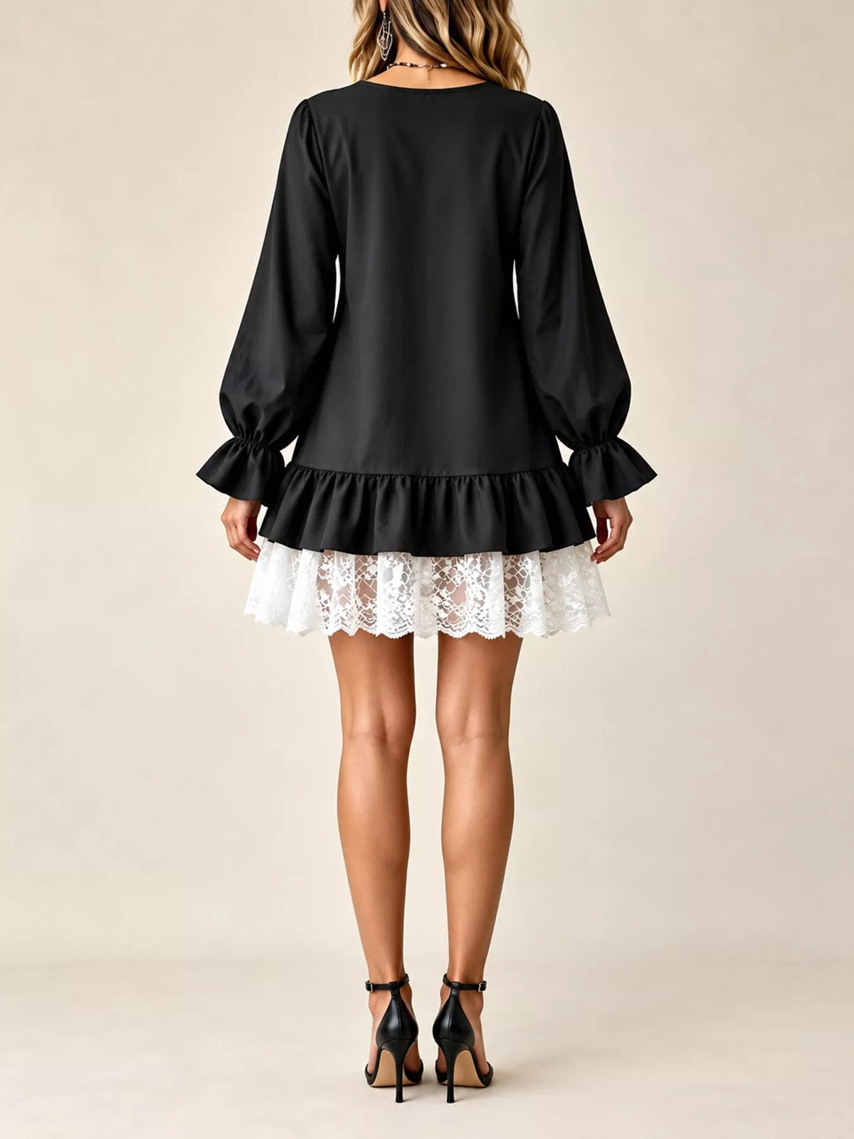 lace hem v-neck flounce sleeve dress | dropsona - neutral - size reference