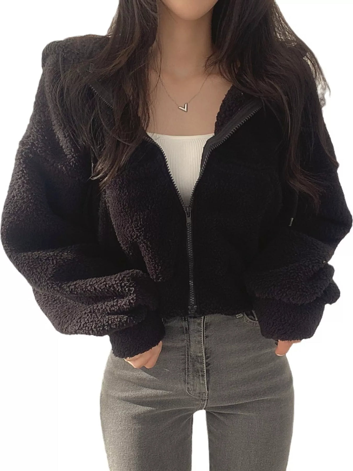 oversized sherpa zip-up hoodie | dropsona - neutral - size reference