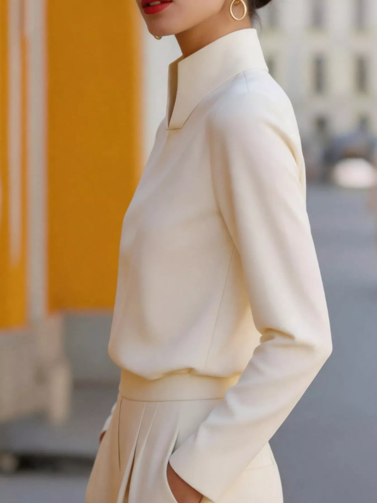 stand-collar long sleeve blouse – basic style fit | dropsona - neutral - front view