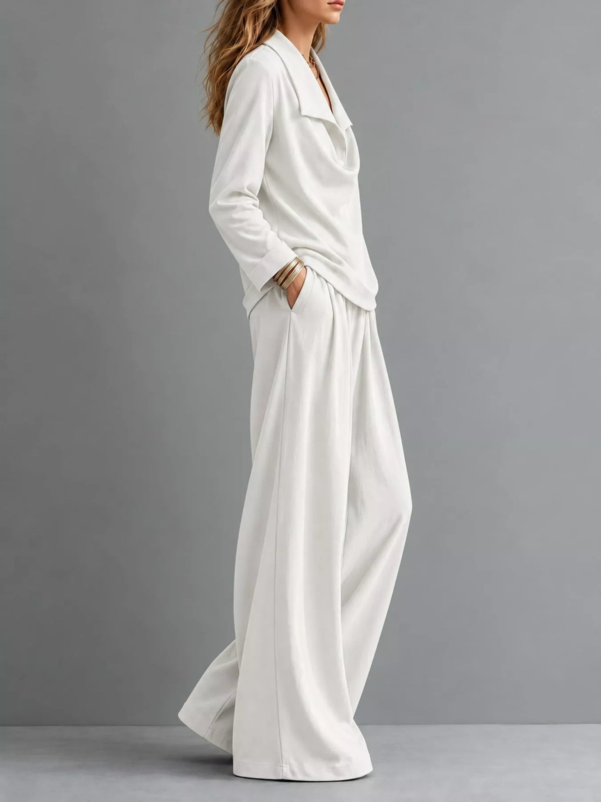 full size casual elegant top and wide-leg pants set | dropsona - neutral - front view