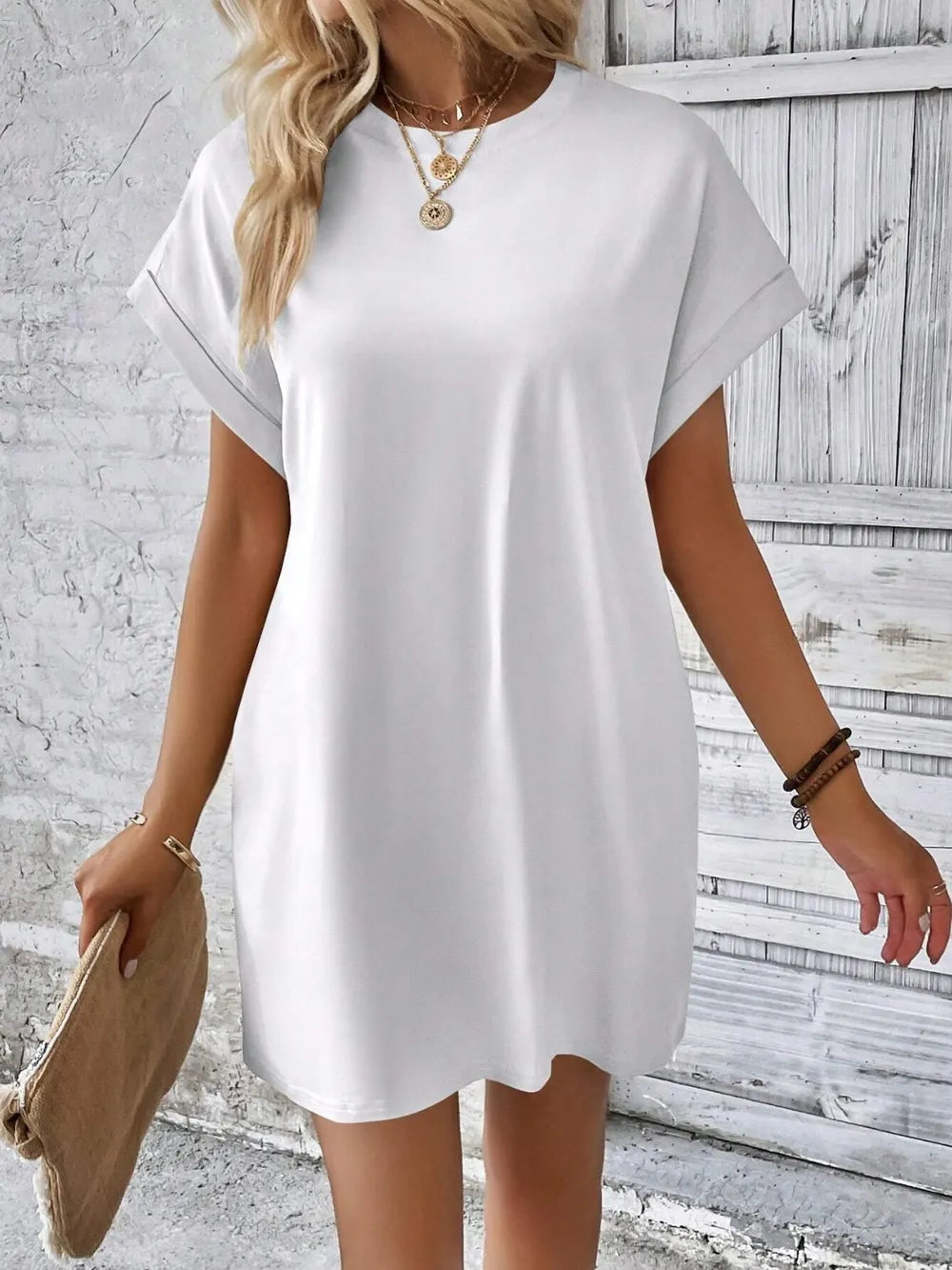 round neck short sleeve mini dress – basic style | dropsona - neutral - size reference