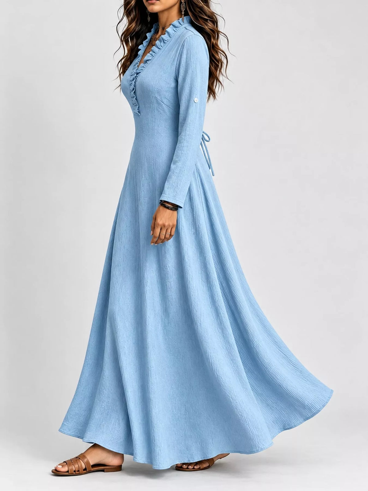 full size frill roll-up sleeve maxi dress plus | dropsona - neutral - material texture
