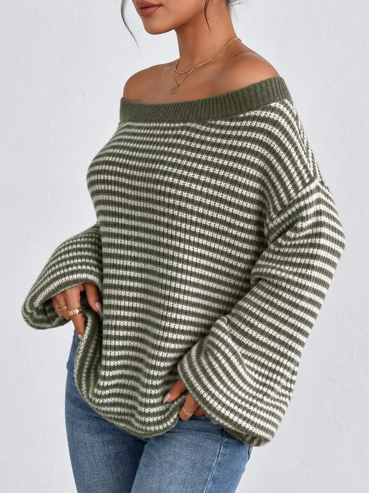 striped knit boat neck sweater – oversized,ribbed fit | dropsona - neutral - front view