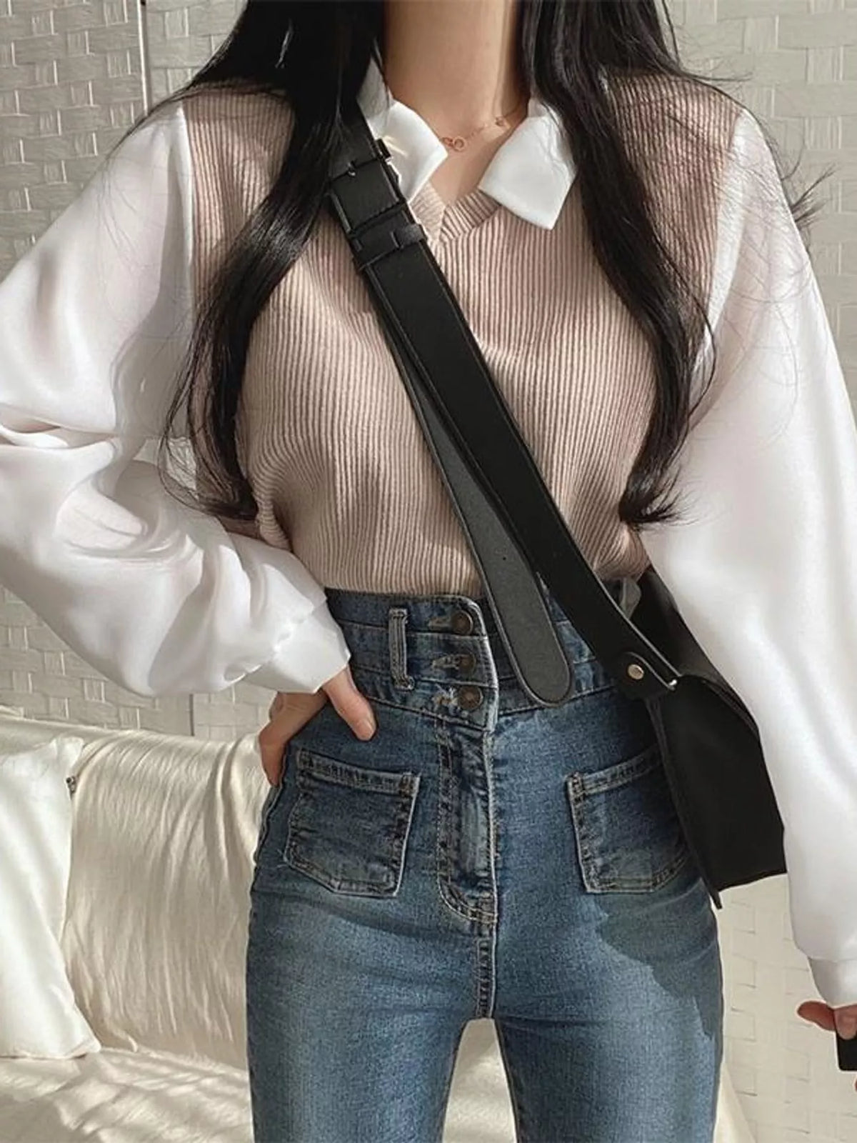 layered look long sleeve blouse – layered,ribbed fit | dropsona - neutral - close-up detail
