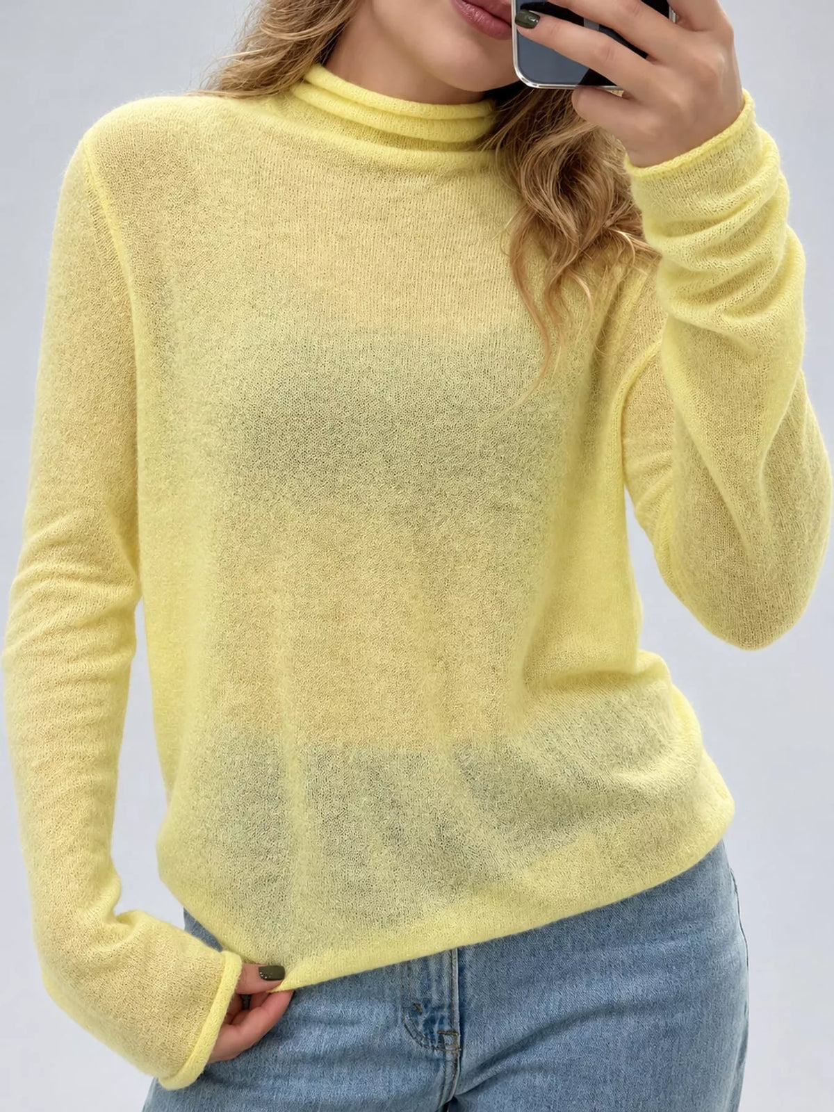sheer turtleneck knit top | dropsona - neutral - close-up detail