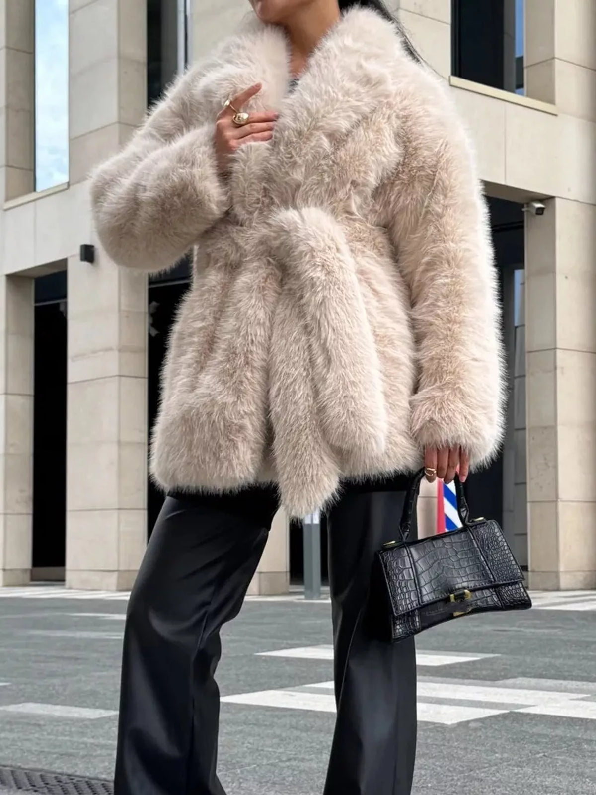 faux fur belted winter outerwear – thermal fit | dropsona - neutral - everyday use