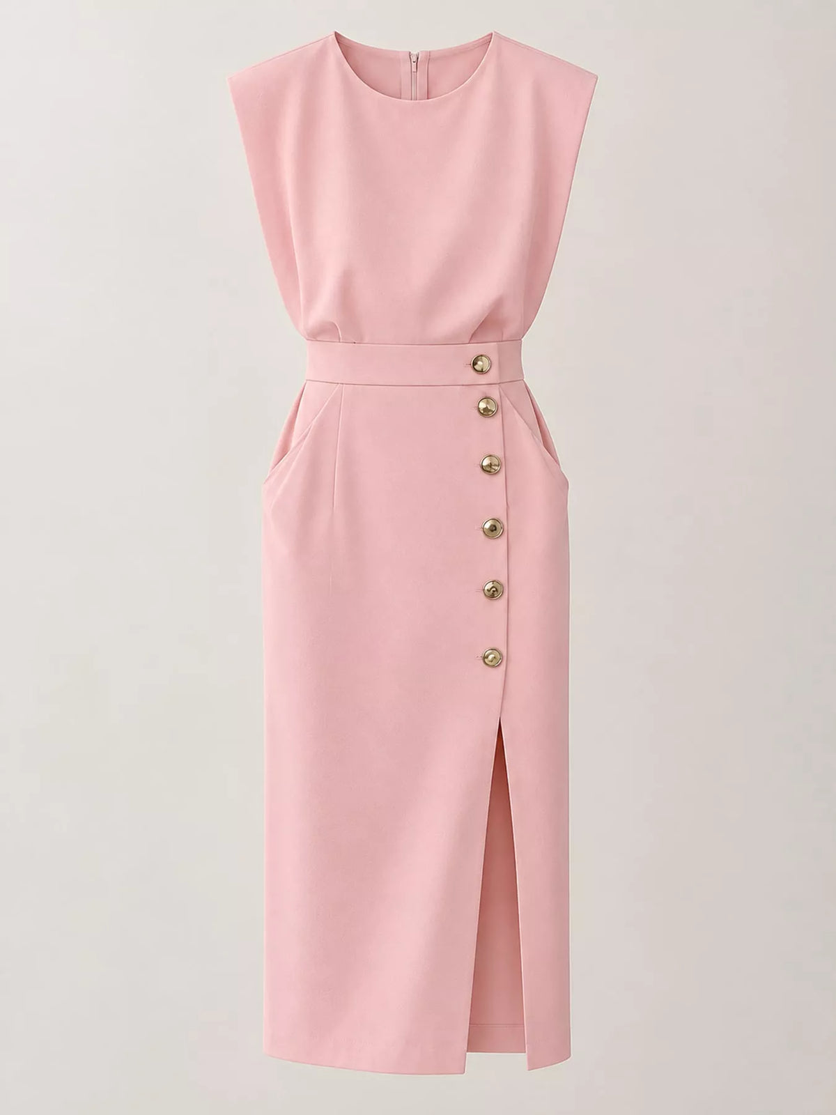 sleeveless midi dress with gold button detail and | dropsona - neutral - front view