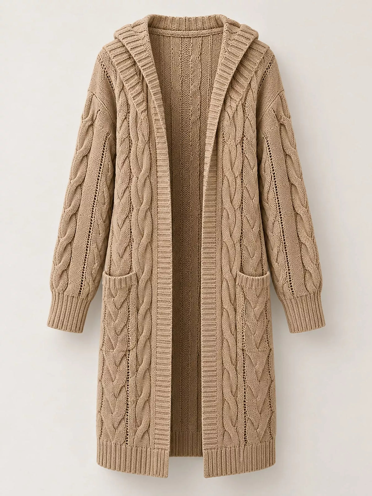 full size hooded cable knit longline cardigan plus | dropsona - neutral - usage example