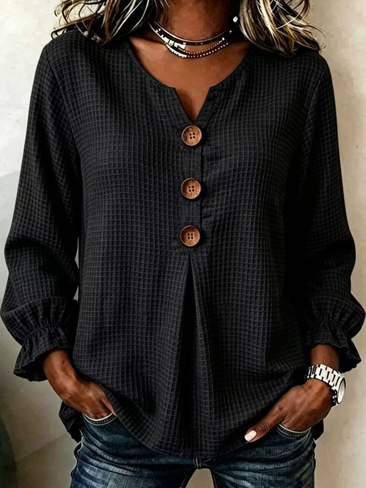 full size waffle knit flounce sleeve blouse plus | dropsona - neutral - everyday use