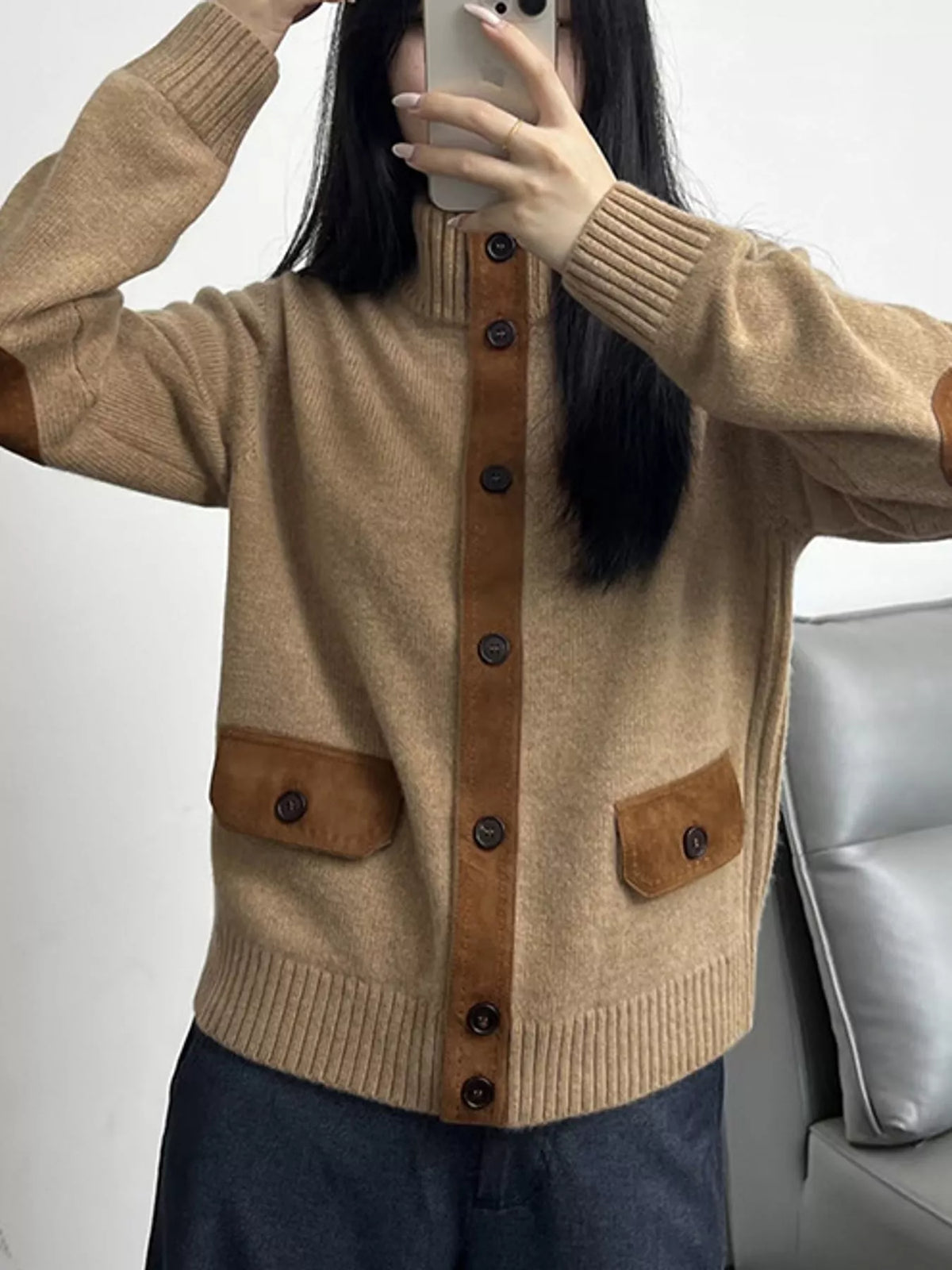 ribbed-knit mock neck cardigan – buttoned,pocketed fit | dropsona - neutral - front view