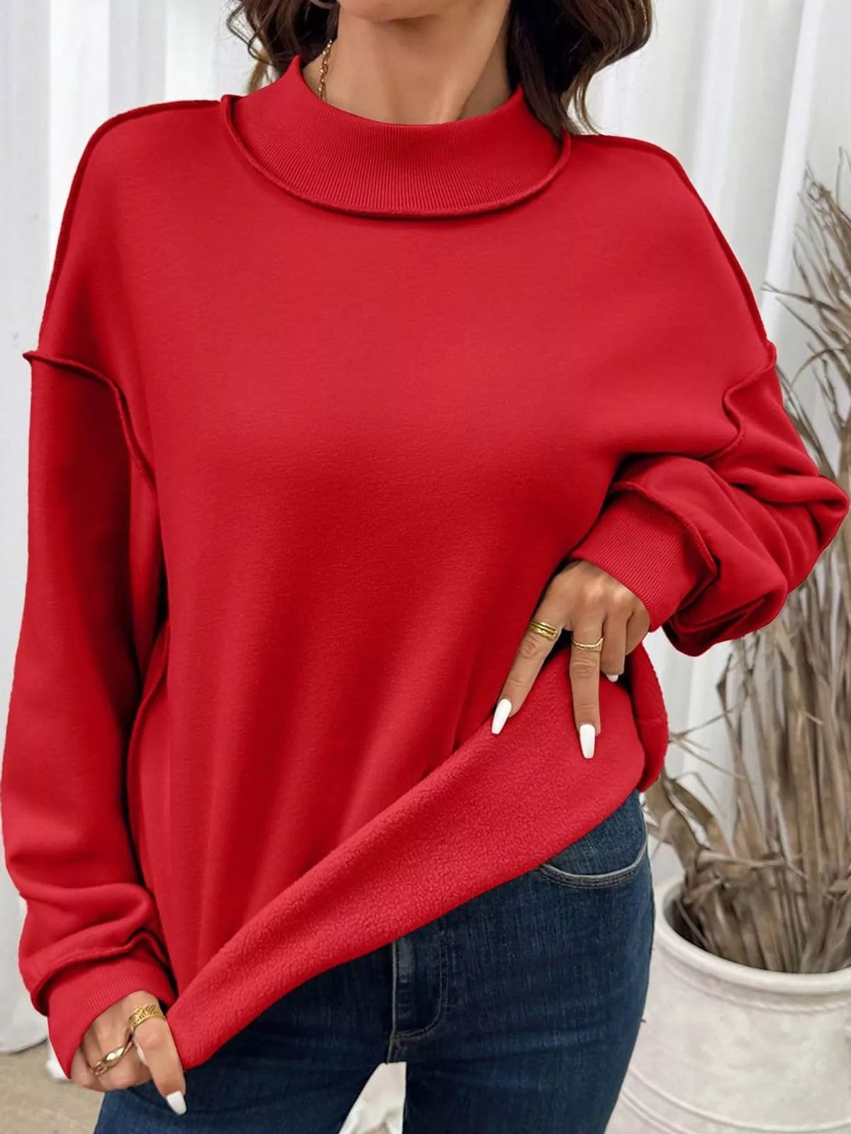 mock neck long sleeve sweatshirt | dropsona polyester 70% - neutral - front view