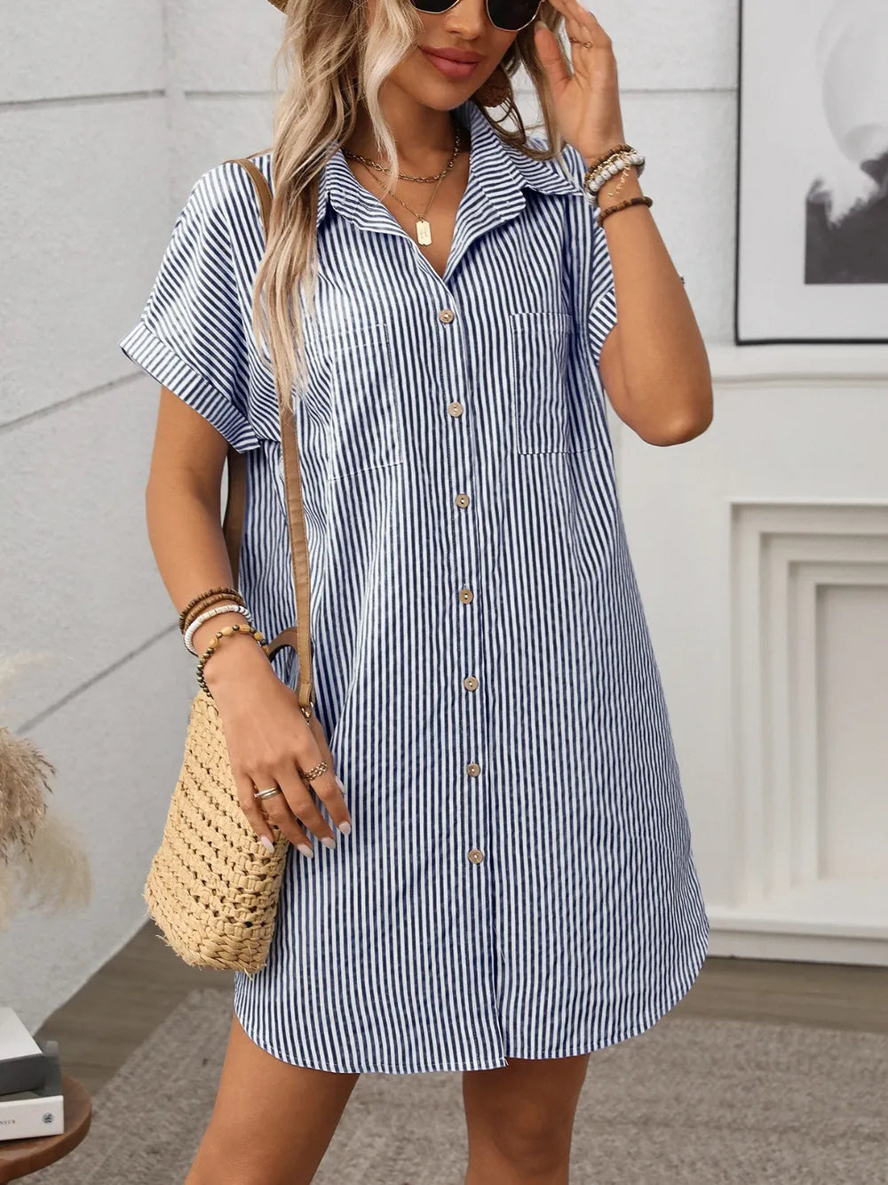 striped button down short sleeve mini dress - size reference