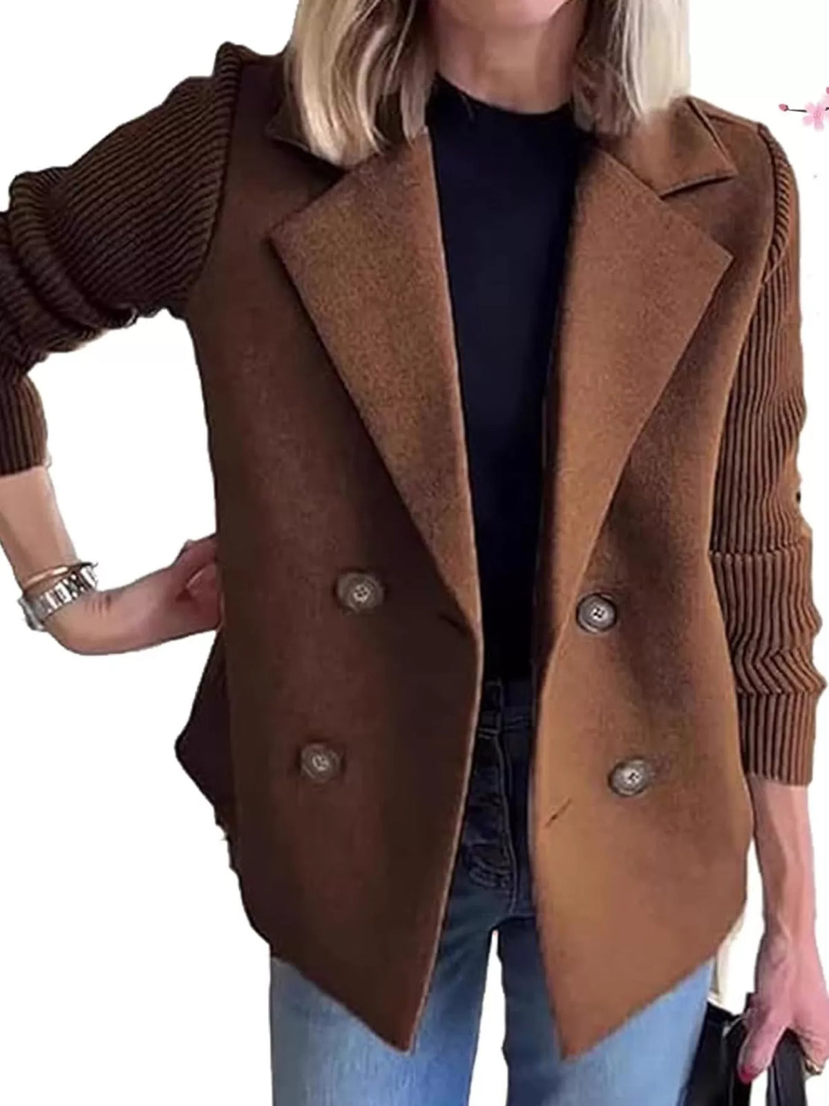 full size double-breasted hybrid blazer with ribbed | dropsona - neutral - close-up detail