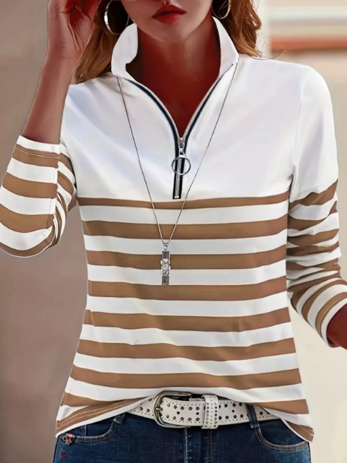 quarter-zip striped long sleeve t-shirt | dropsona - neutral - packaging