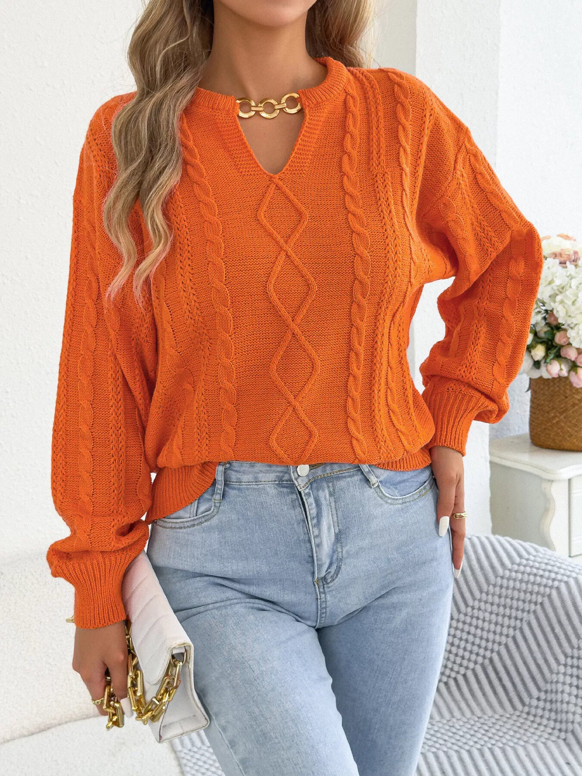 cable knit notched sweater – basic style | dropsona - neutral - size reference