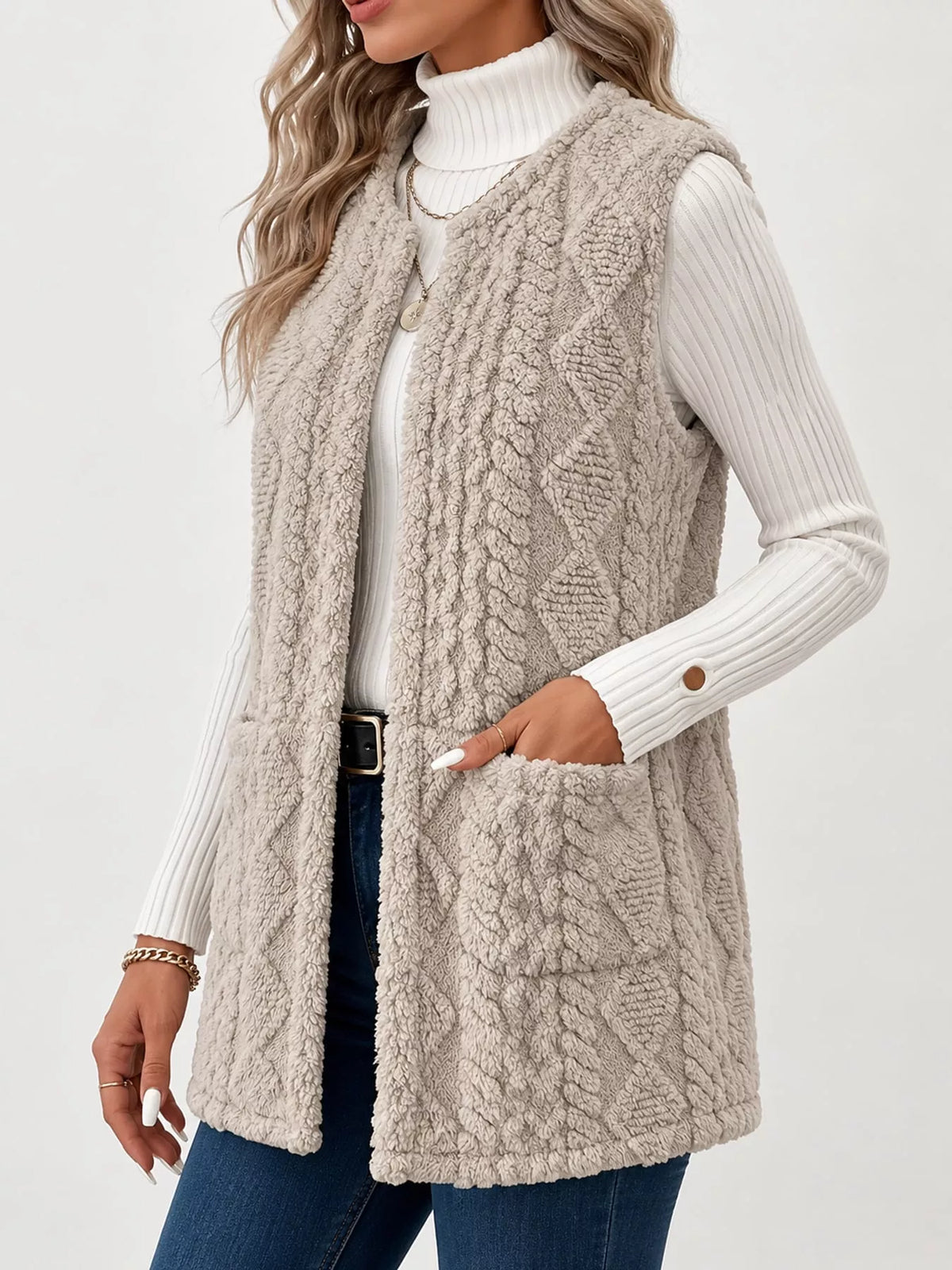 sherpa open front vest coat – pocketed,thermal closure | dropsona - neutral - close-up detail