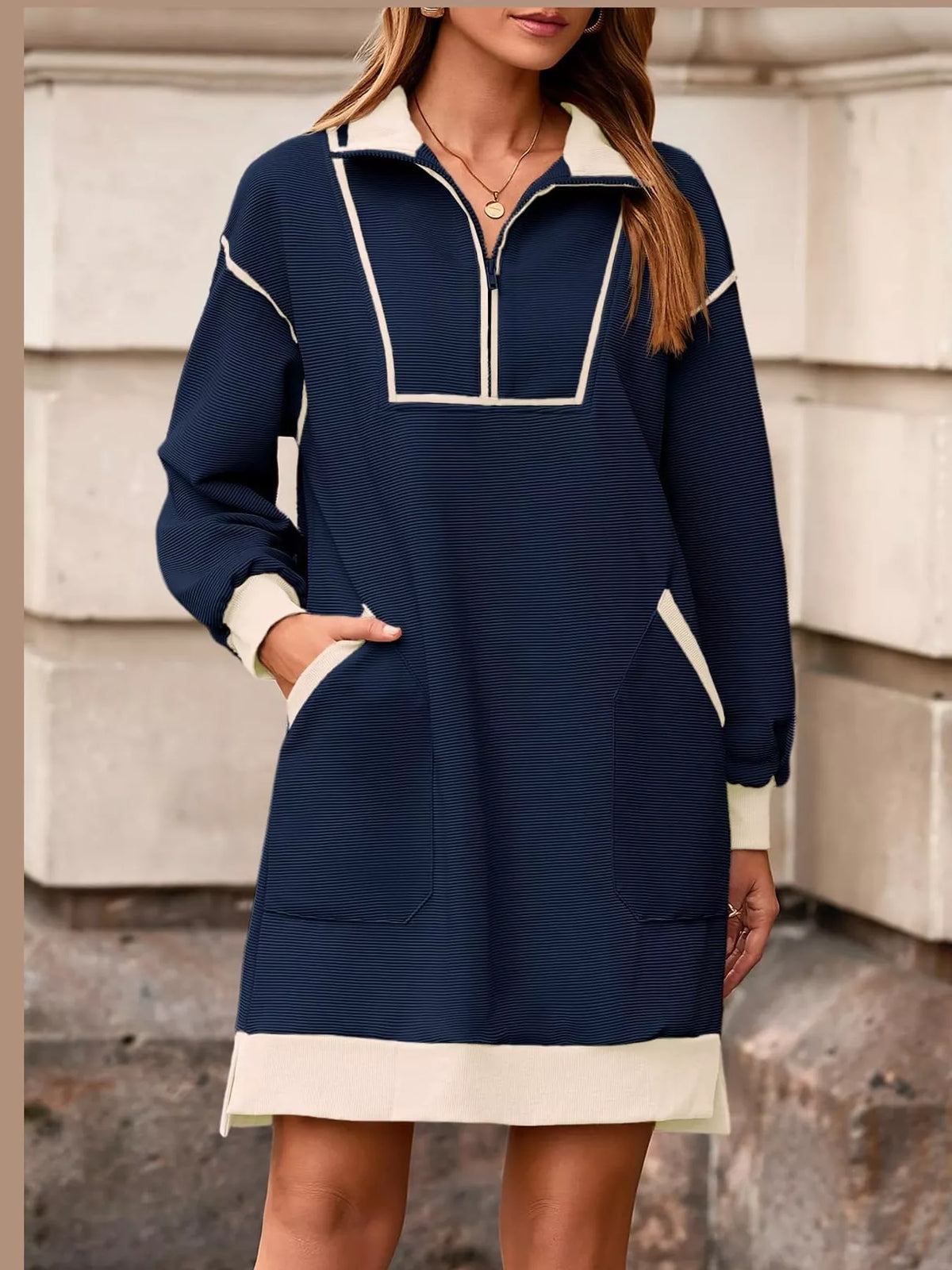 color block quarter-zip sweatshirt dress | dropsona - neutral - size reference