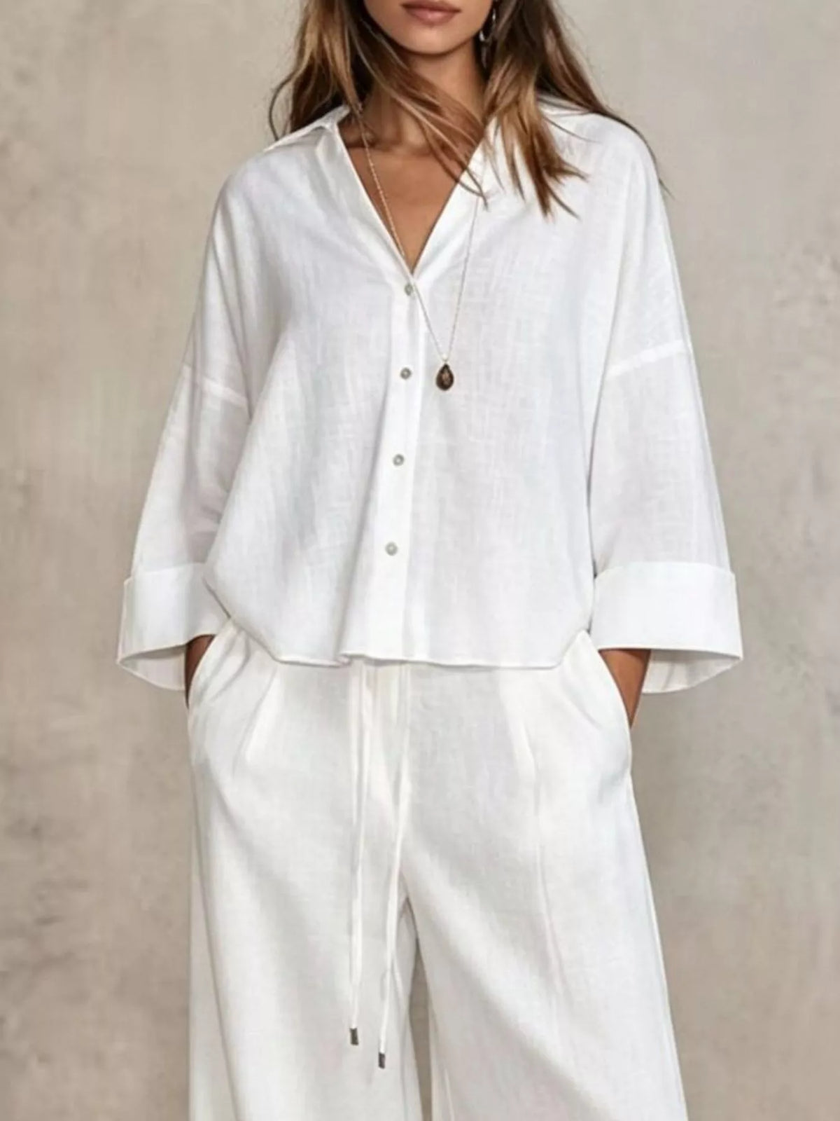 full size button-down shirt and wide-leg pants set | dropsona - neutral - front view