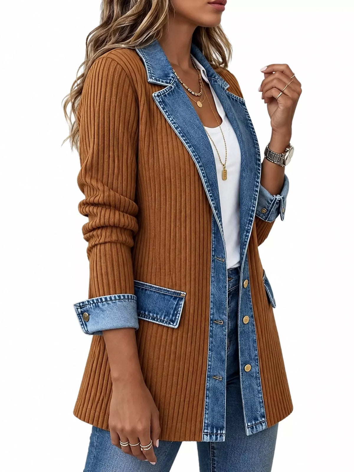 full size denim trim ribbed knit cardigan plus | dropsona - neutral - close-up detail
