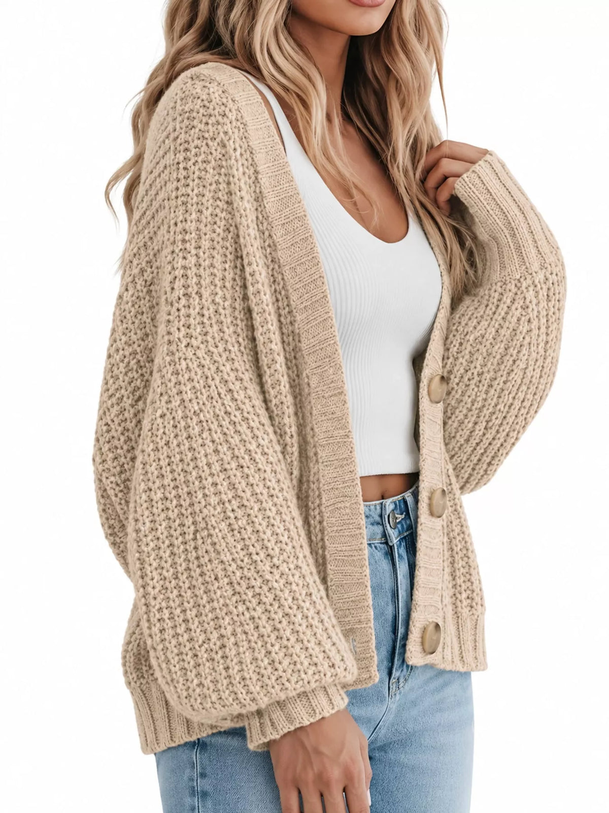 full size chunky knit button-down cardigan plus | dropsona - neutral - front view
