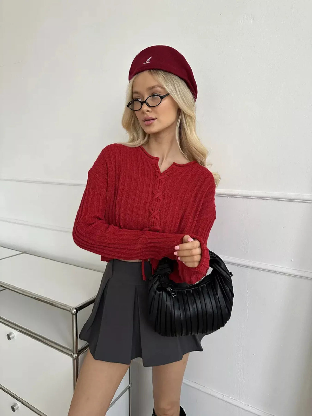 ribbed lace-up crop sweater – | dropsona - neutral - usage example