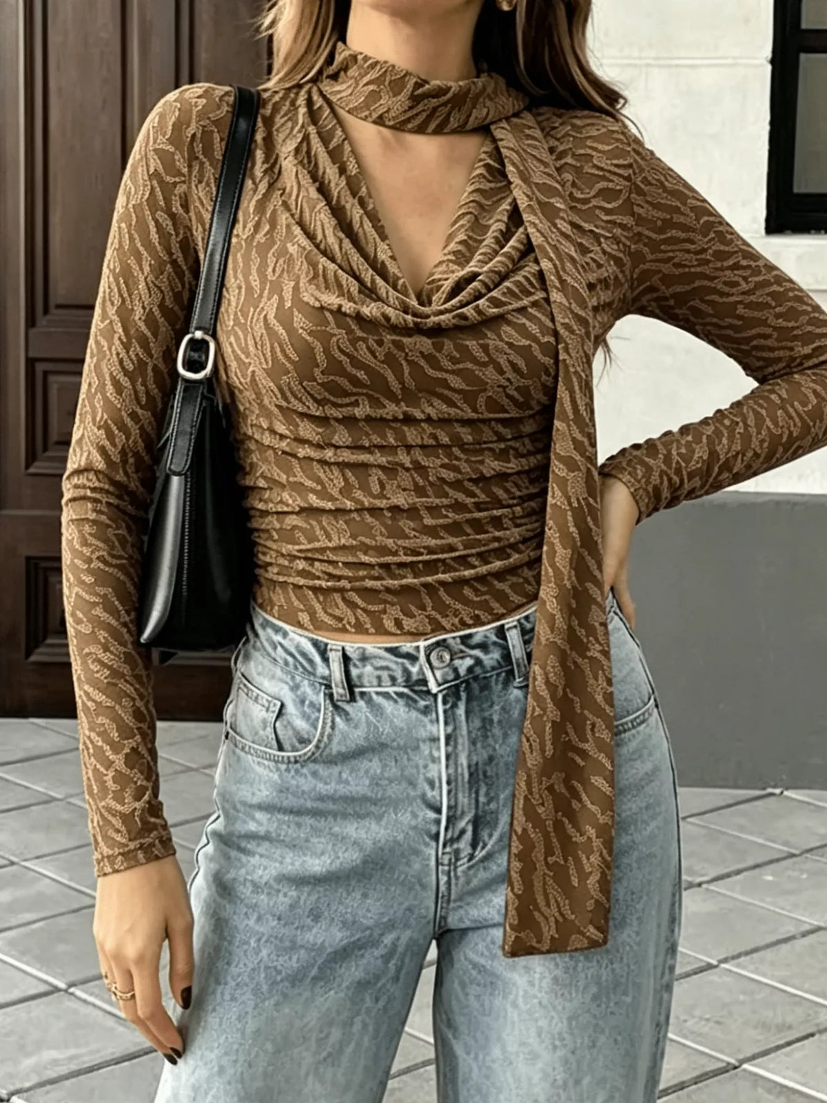 textured cowl neck long sleeve blouse with scarf | dropsona - neutral - packaging