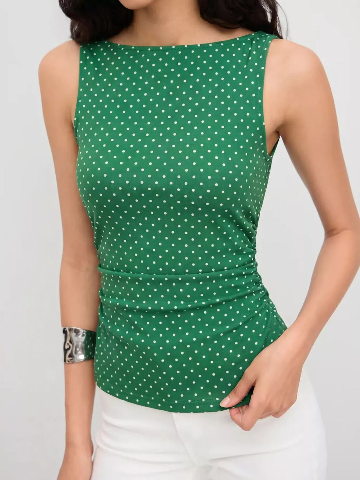 polka dot print sleeveless tank top with tie back | dropsona - neutral - size reference