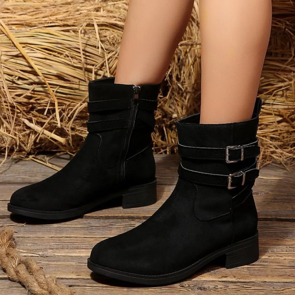 round toe block heels boots – dear monkey | dropsona - neutral - close-up detail