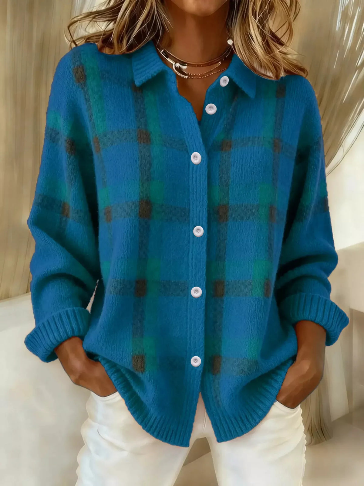 plaid button-up cardigan – buttoned | dropsona - neutral - size reference