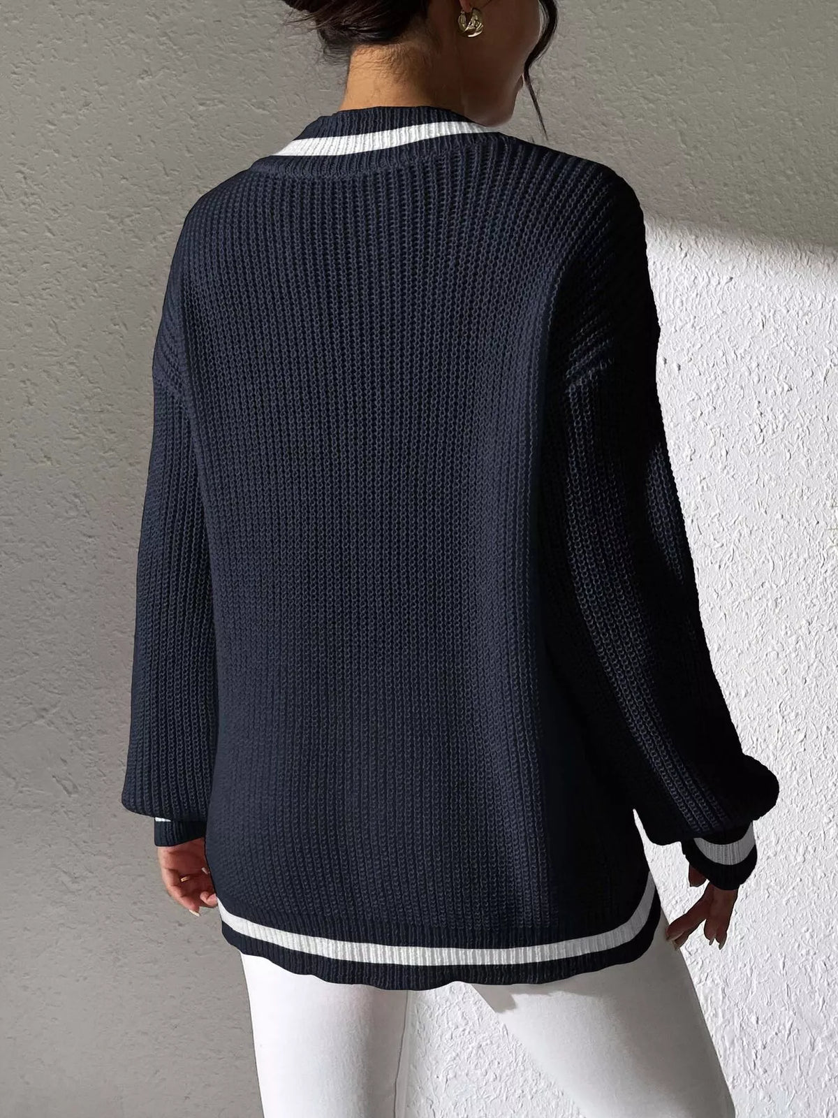 v-neck contrast trim sweater with pearl decor | dropsona - neutral - front view