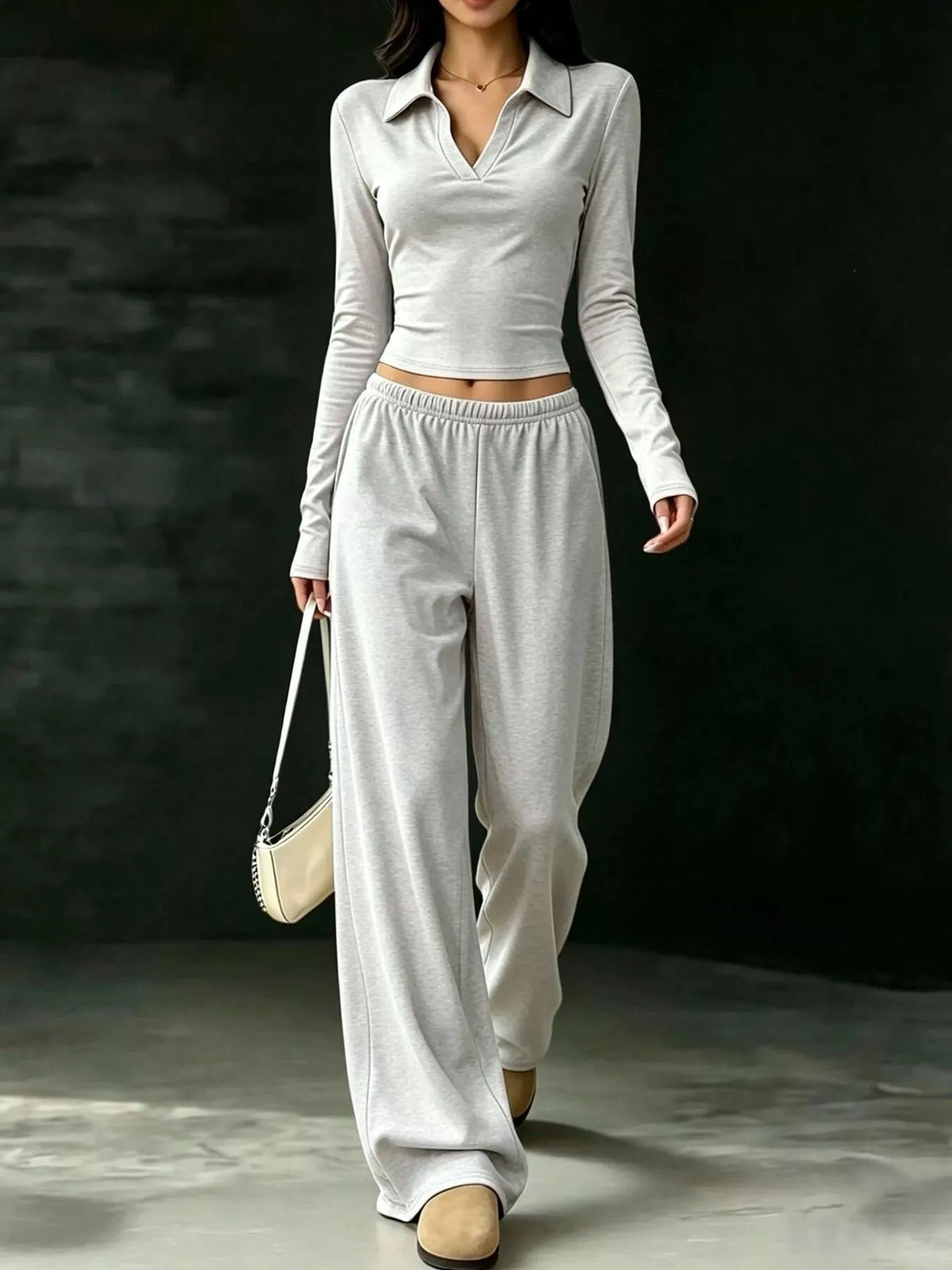long-sleeve polo top and wide-leg pants set | dropsona - neutral - close-up detail