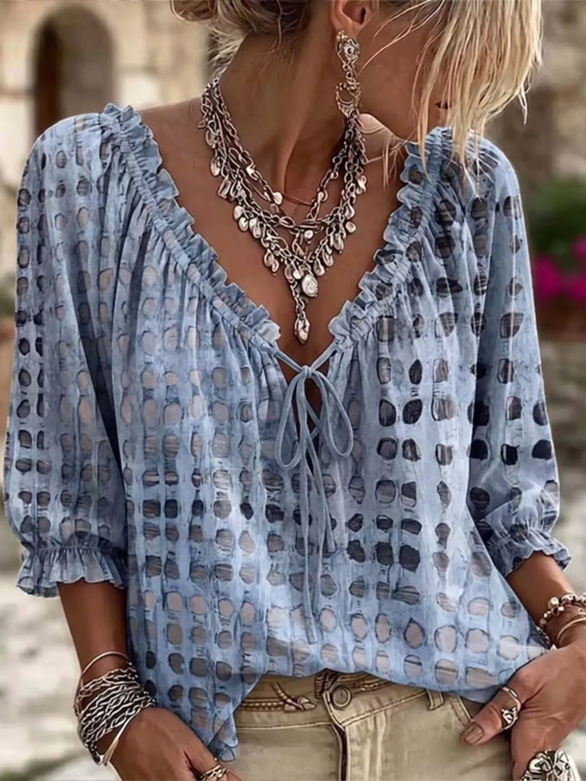 full size tie neck 3/4 sleeve blouse plus | dropsona - neutral - size reference