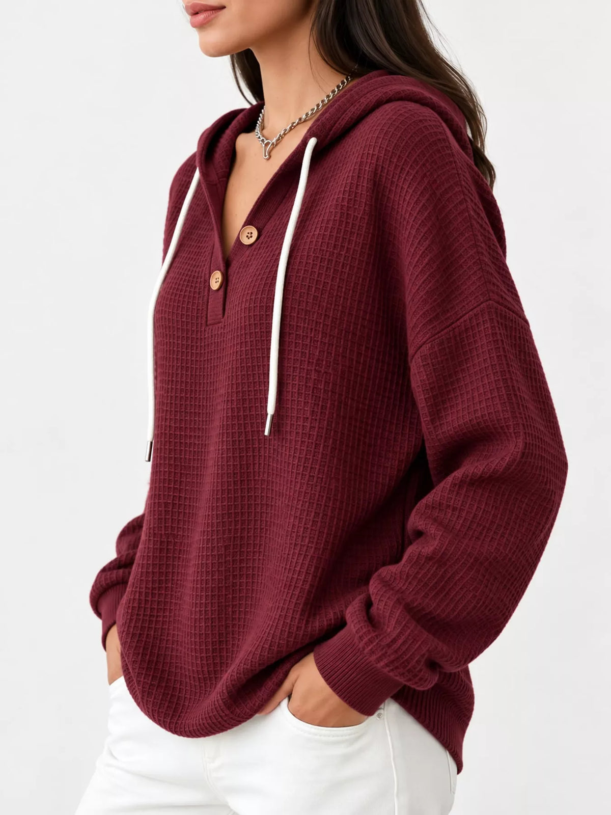 full size waffle knit button detail hoodie plus | dropsona - neutral - front view