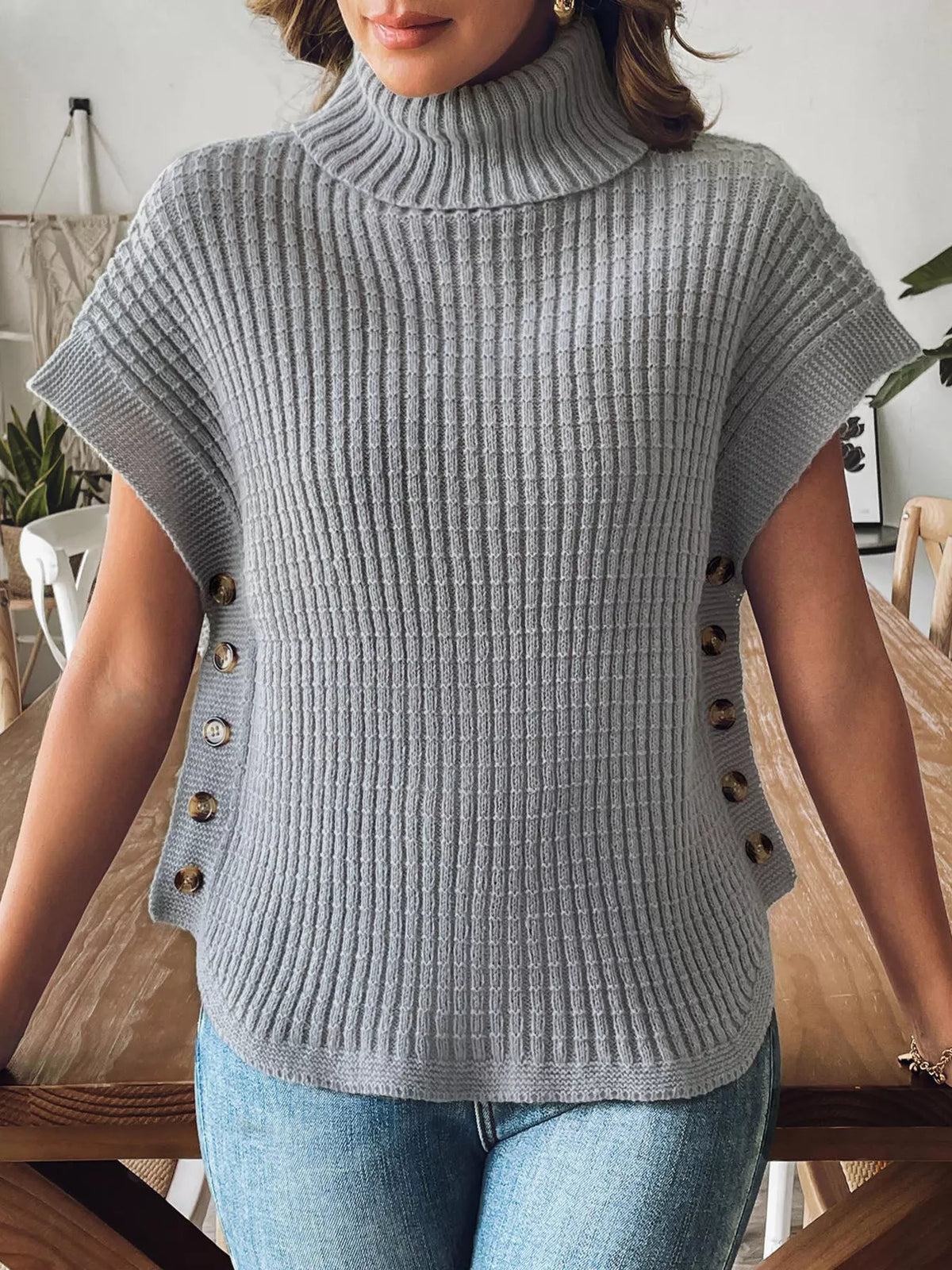 ribbed turtleneck sweater with side button detail | dropsona - neutral - size reference