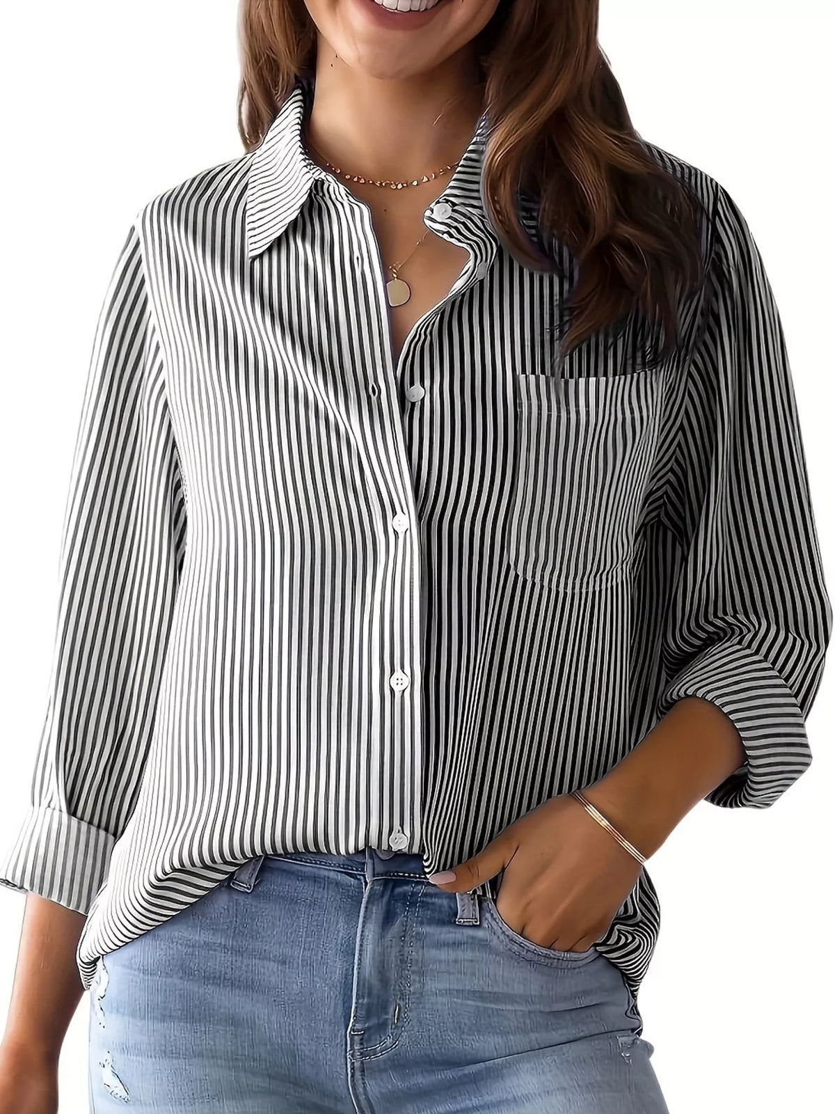 full size striped button-down long sleeve shirt plus | dropsona - neutral - front view