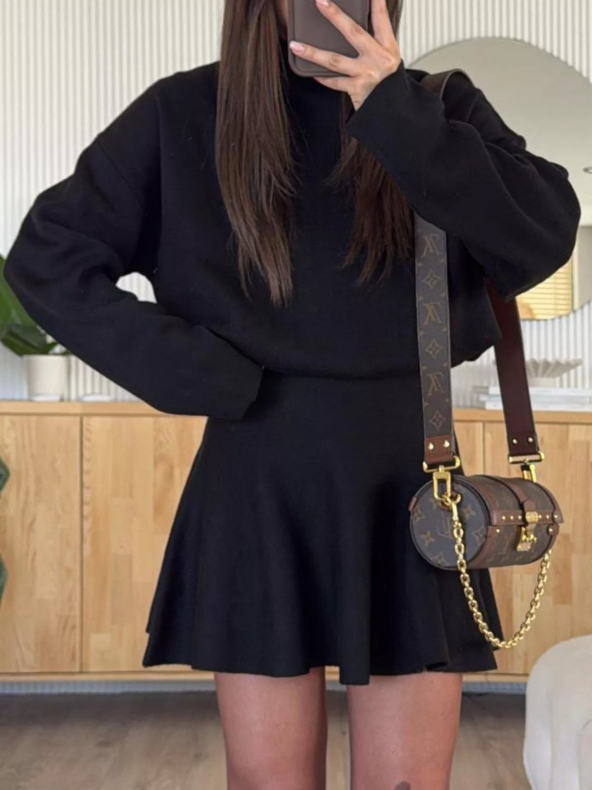 mock neck knit top and flared skirt set | dropsona - neutral - usage example