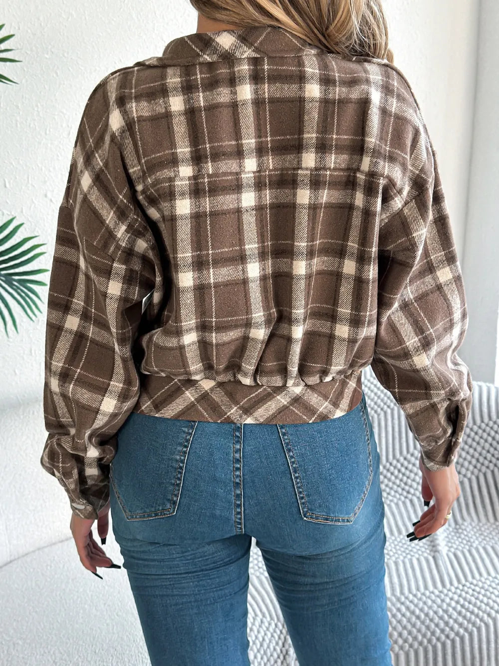 plaid button up long sleeve jacket – buttoned | dropsona - neutral - material texture